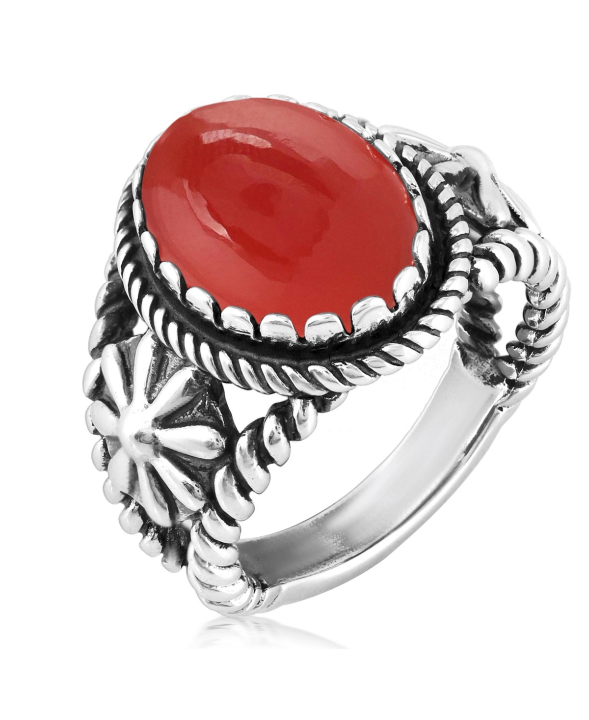 American West Jewelry Sterling Silver Red Onyx Concha Flower Design Ring