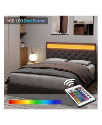 Full/Queen Size Bed Frame With LED Lights Headboard, LED Bed Frame With Fast-Charging USB Port, Upholstered Platform Bed Frame, No Box Spring Needed, Easy Assembly