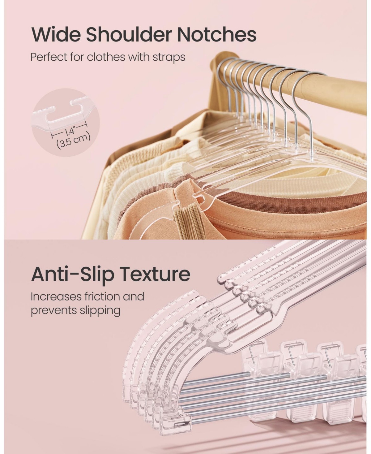 Slickblue Pants Hangers 30-Pack Clear Plastic Hangers with Adjustable Clips, Wide Shoulder Notches & 360 Swivel Hook, x 8.9 Inches for Pants, Skirt