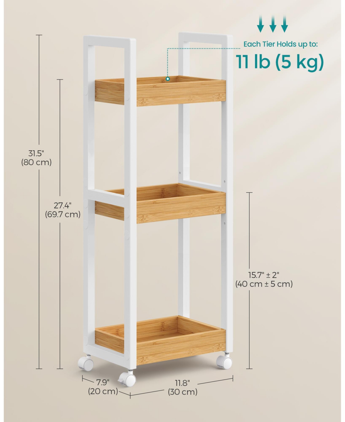 Slickblue 3-Tier Rolling Utility Cart on Wheels, Slim Narrow Storage Shelf for Organizing