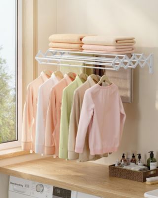 Wall-Mounted Clothes Drying Rack &amp;#x2013; Accordion Design with 9 Staggered Hanging Rods, Expandable &amp; Retractable Steel Rack