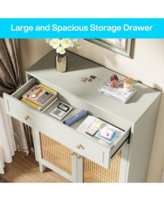 Shoe Cabinet with Doors and Drawer, Modern Shoe Storage Cabinet for Entryway, Rattan Wooden Shoe Organizer with Adjustable Shelf, Green