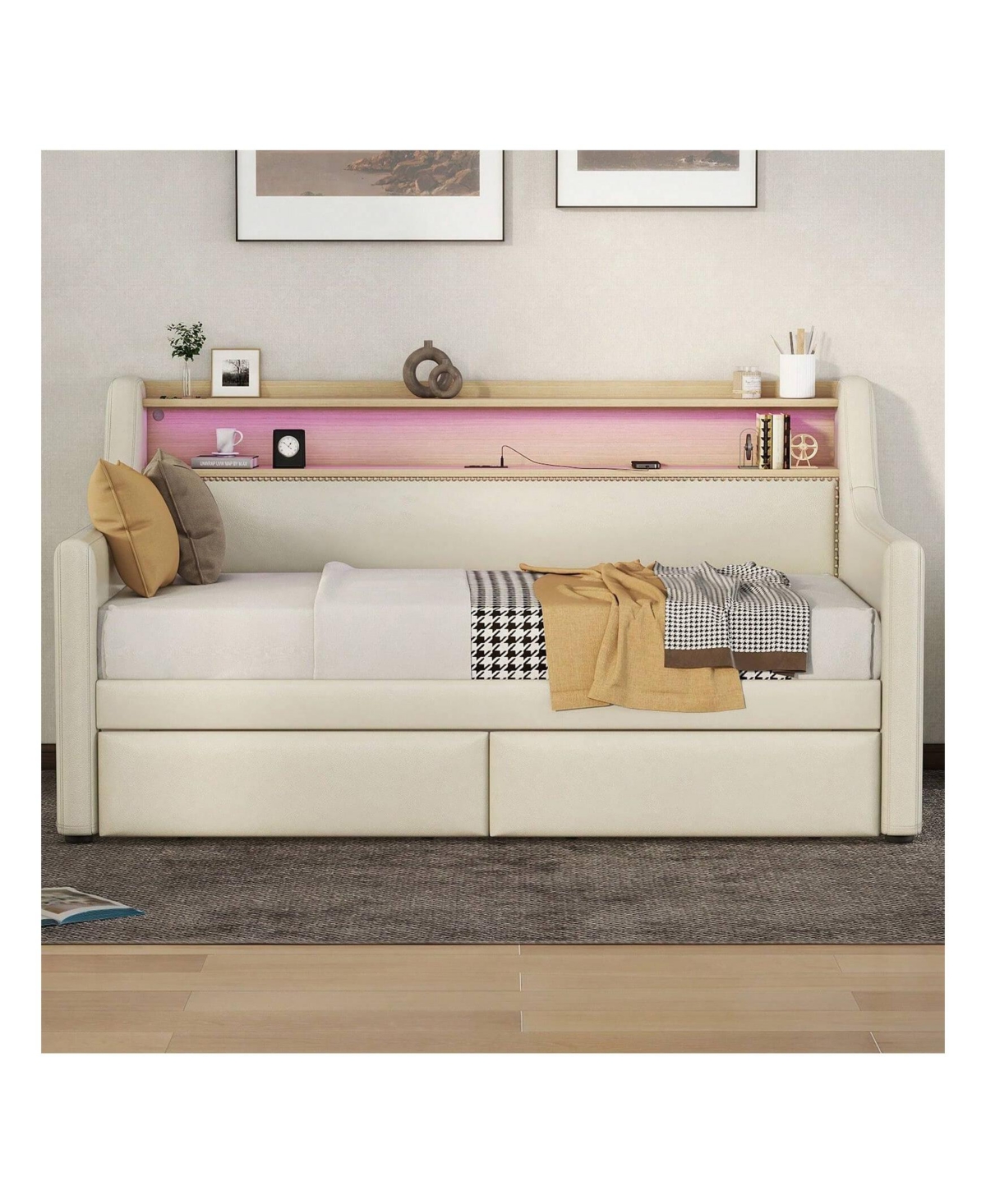 gaomon Twin Size Daybed With 2 Storage Drawers And Storage Headboard, Pu Leather Upholstered Daybed Bed Frame With Charging Station And Rgb Led Lights