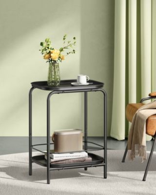 2-Tier Accent End Table Metal Coffee Table w/ Tray Storage Living Room