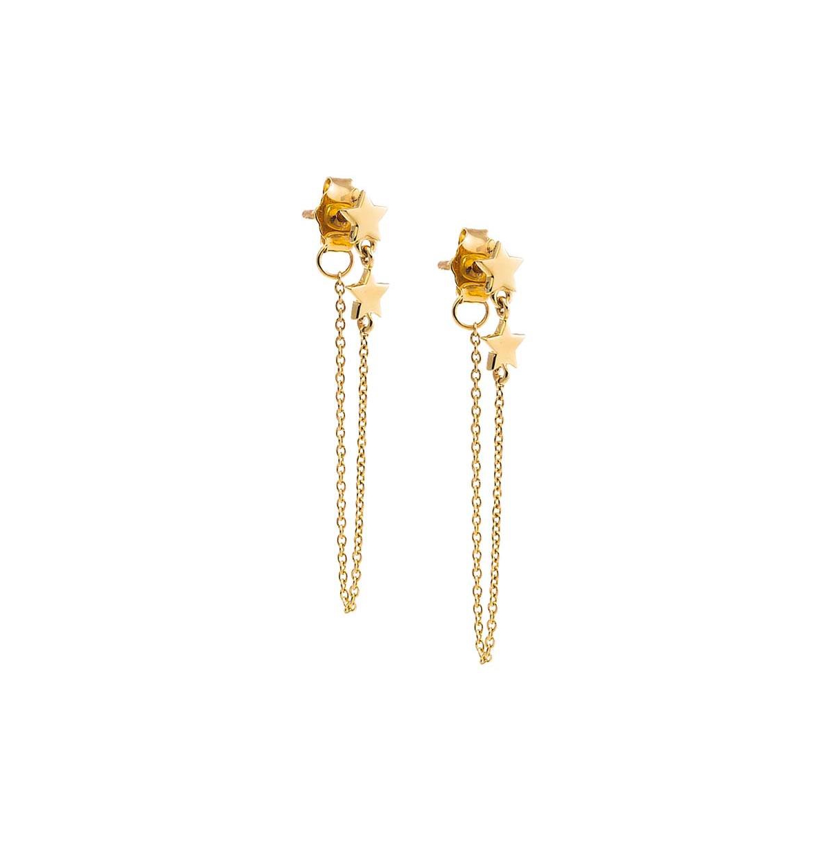 Solid Double Star Front Back Chain Stud Earring 14K - 14k gold