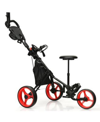 3-Wheel Foldable Golf Push Pull Cart Trolley w/ Seat Adjustable Handle