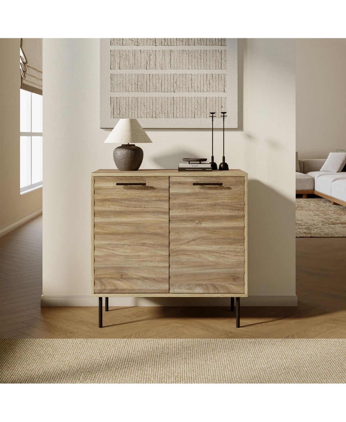 LuxenHome Mid-Century Modern Wave 2-Door Cabinet with Metal Legs