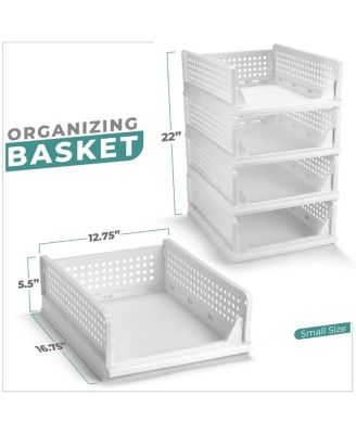 4 Tier Open Front Plastic Stackable Baskets Stand - for closets, bedrooms, bathrooms, or pantries