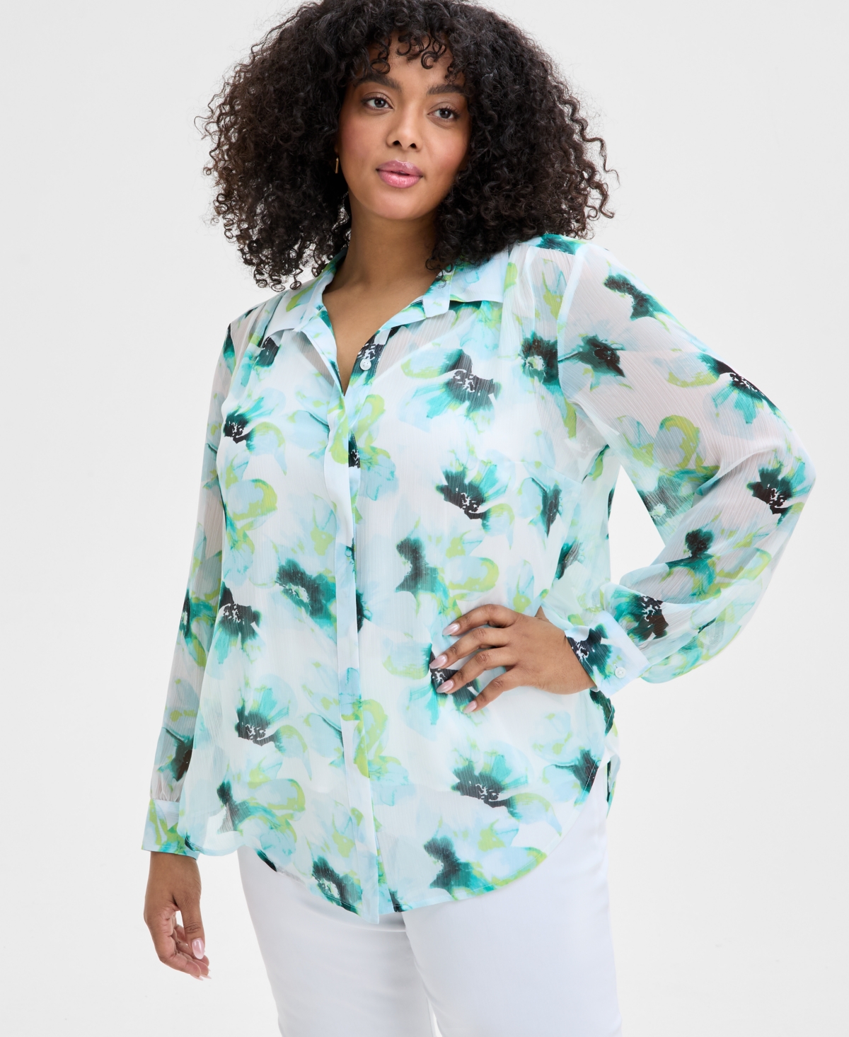 Inc International Concepts Plus Size Floral-print Georgette Tunic Shirt, Exclusively At Macy's In Leah Bloom