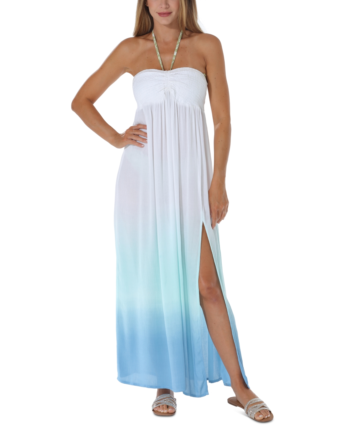Women's Strapless Smocked Ombre Cover-Up Dress - White/blue