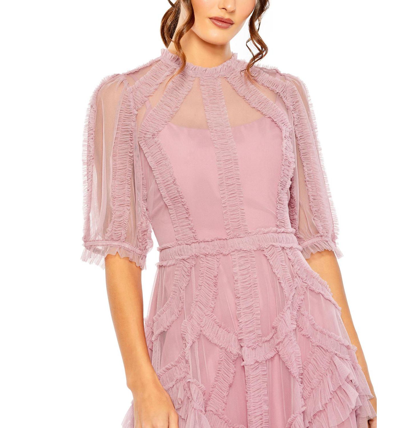 Женское платье Mac Duggal High Neck Puff Sleeve Ruffle Tiered, цвет: Состаренный розовый — фото 4
