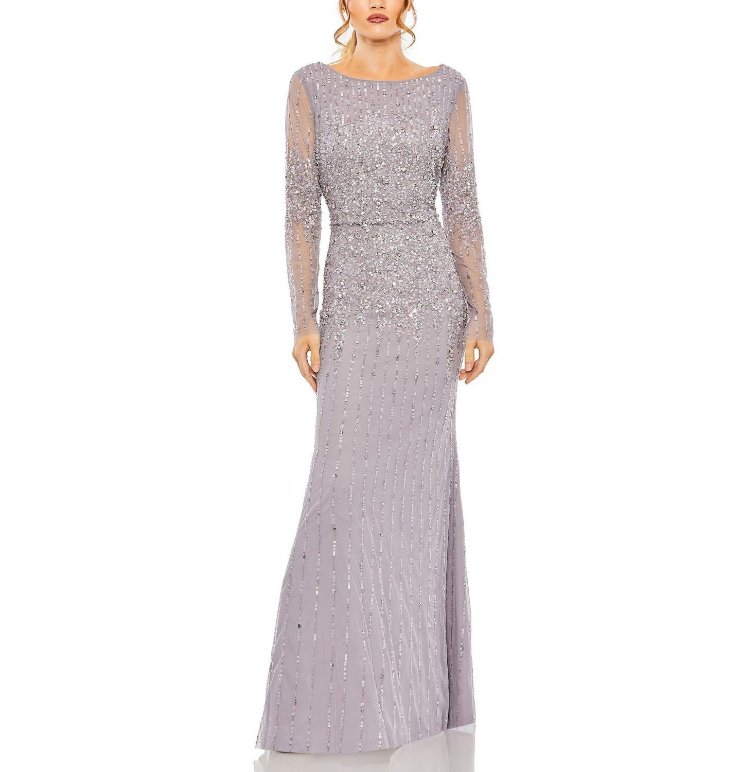 Женское платье Mac Duggal High Neck Sequin Embellished Long Sleeve A Line Gown, цвет: Винтажный сиреневый — фото 8