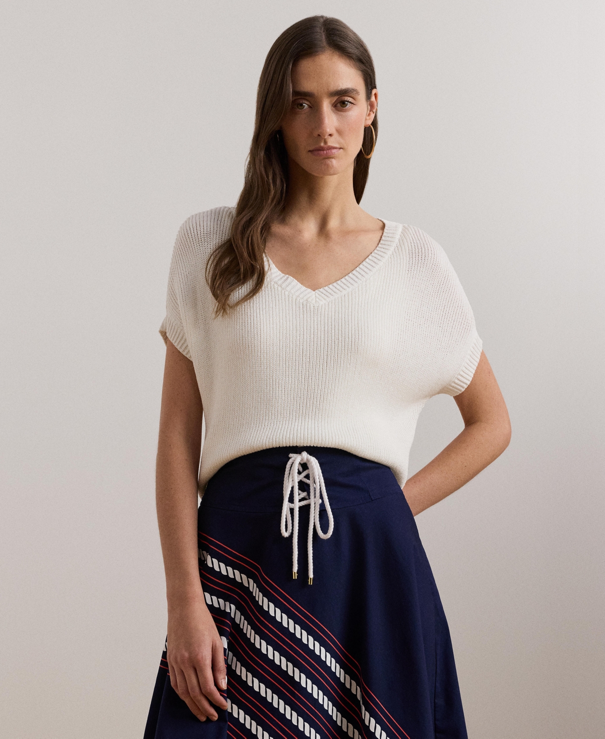 Women's Rib-Knit Short-Sleeve V-Neck Sweater - White