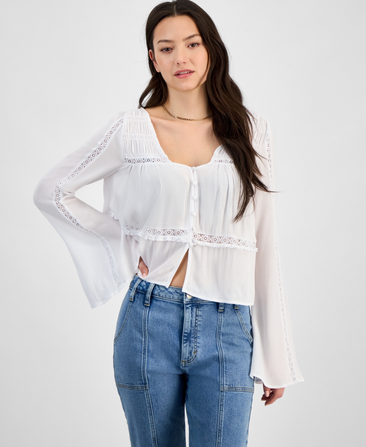 Juniors' Peasant Long Sleeve Top - Gardenia Floral