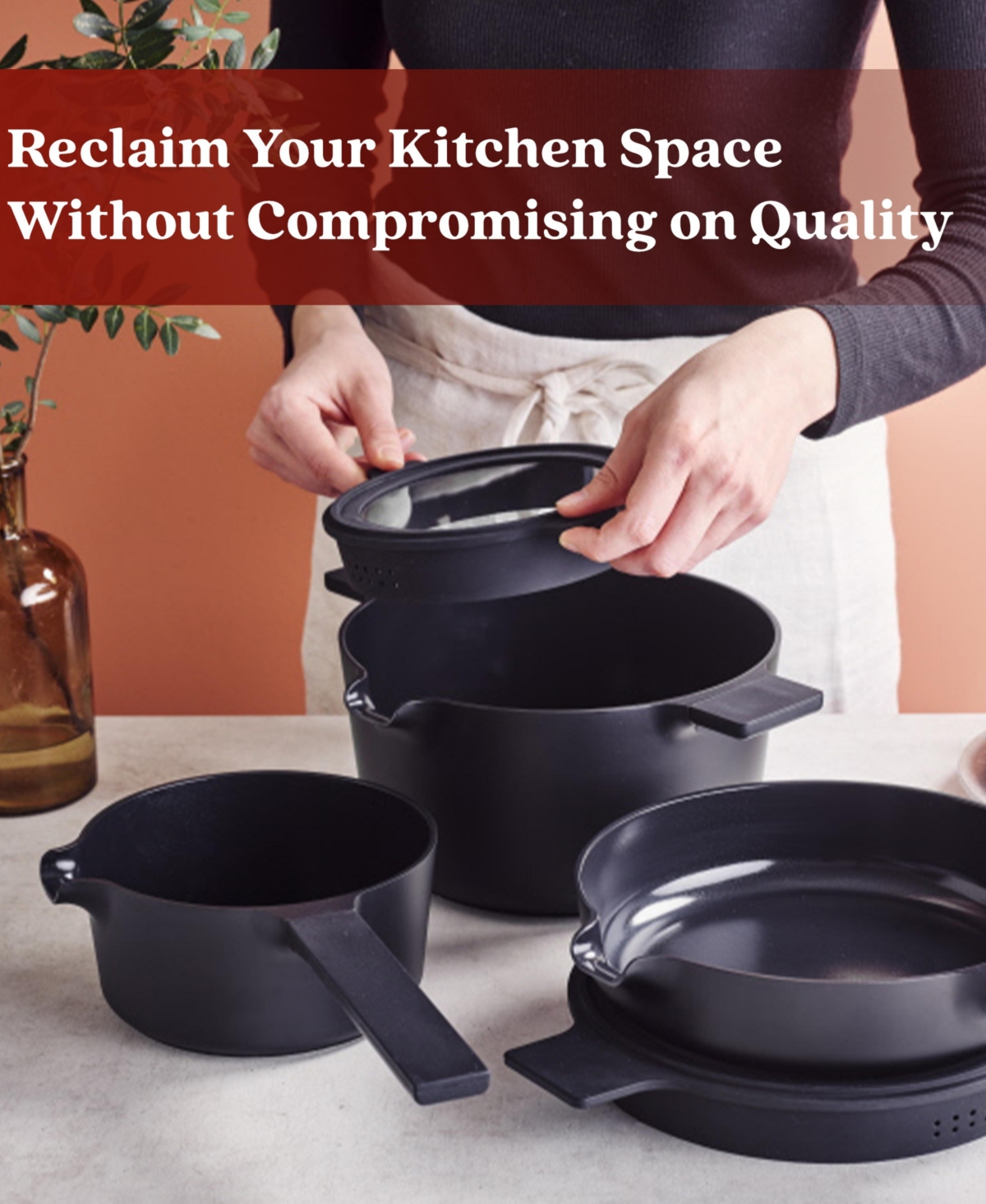 Alva Neat 1 Peach Nonstick Ceramic Cookware Set All One Space Saving Non Toxic Cookware Frying Pan, Sauce Pan, Dutch Oven & Coaster, Kitchen P