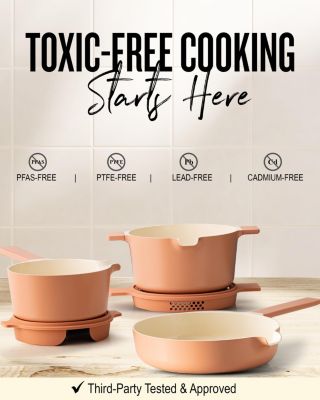 Neat Nested Nonstick Ceramic Cookware Set 5-Piece Set Peach - Easy to Clean, Oven Safe and Made without PFAS, PFOA & PTFE