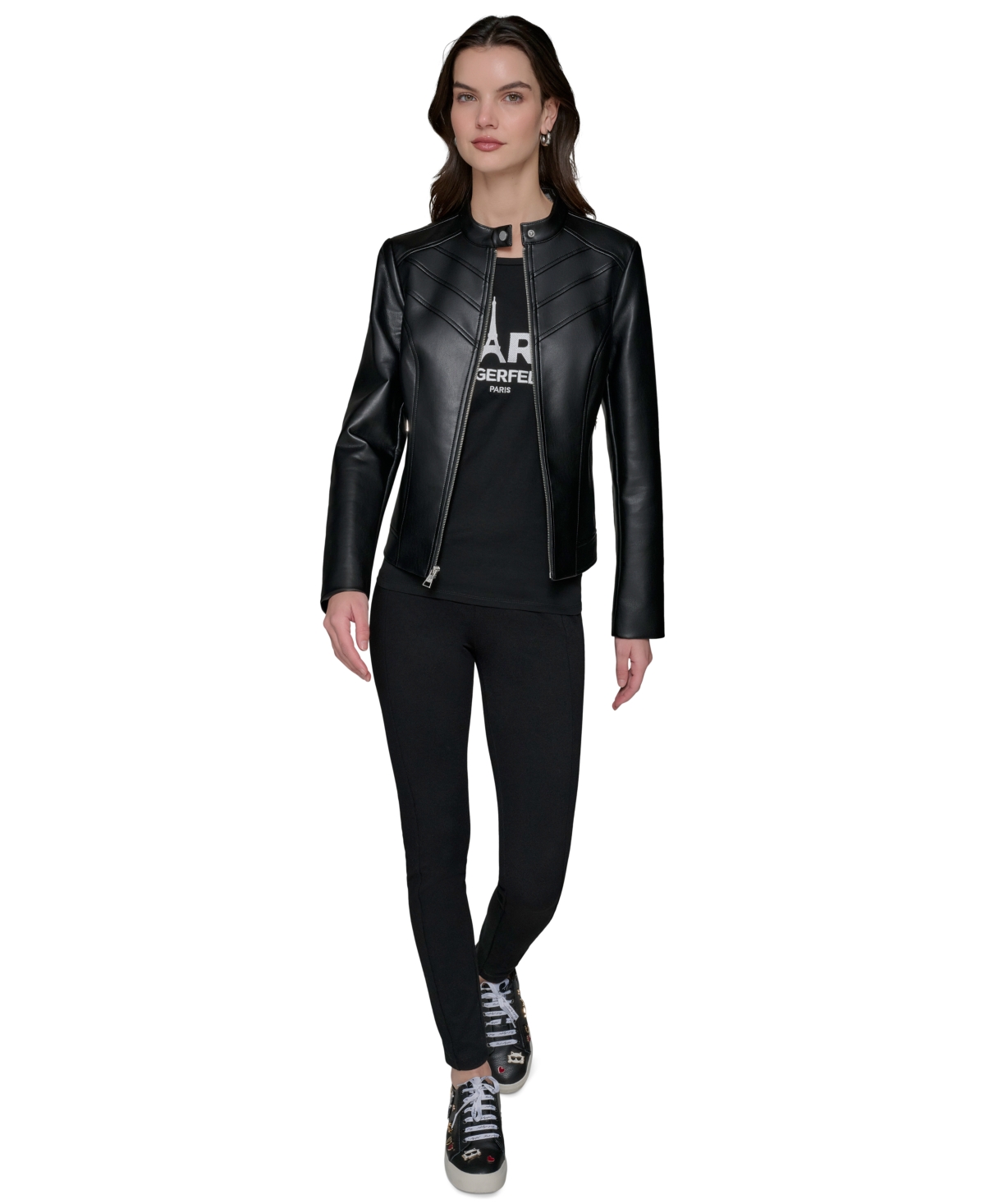 Shop Karl Lagerfeld Women's Fitted Mock-neck Faux-leather Jacket In Black