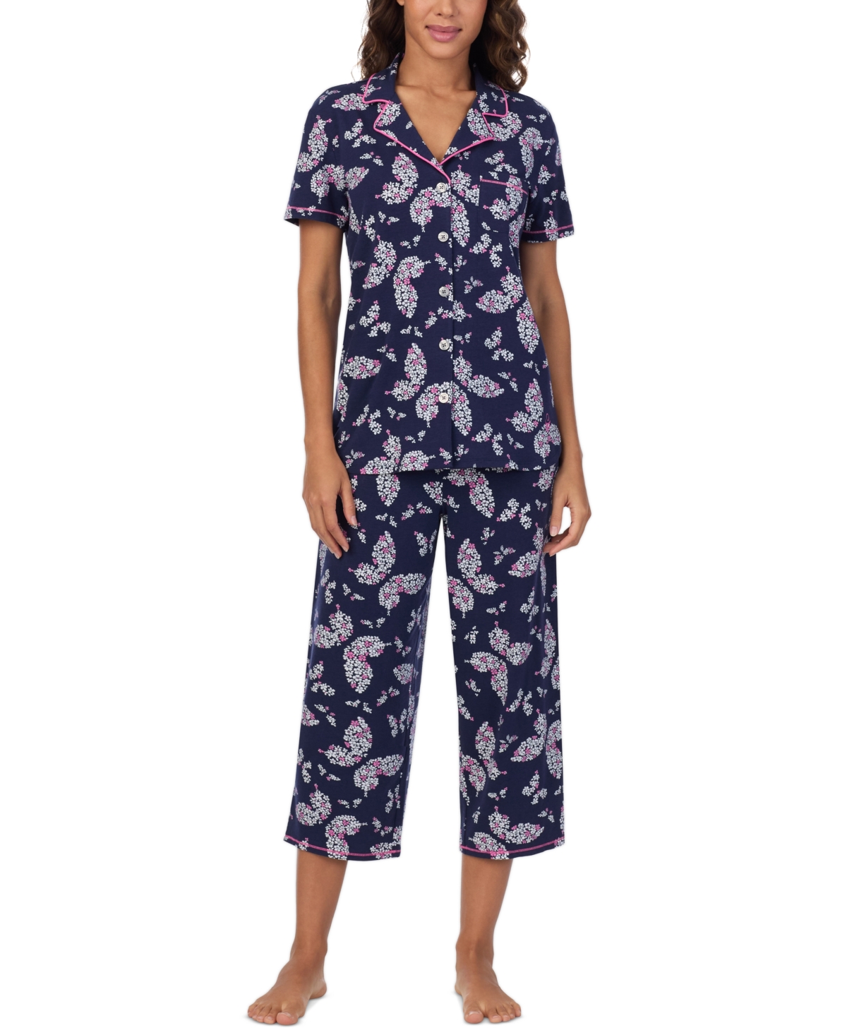 CUDDL DUDS WOMEN'S PRINTED COLLARED CROPPED PAJAMA SET 