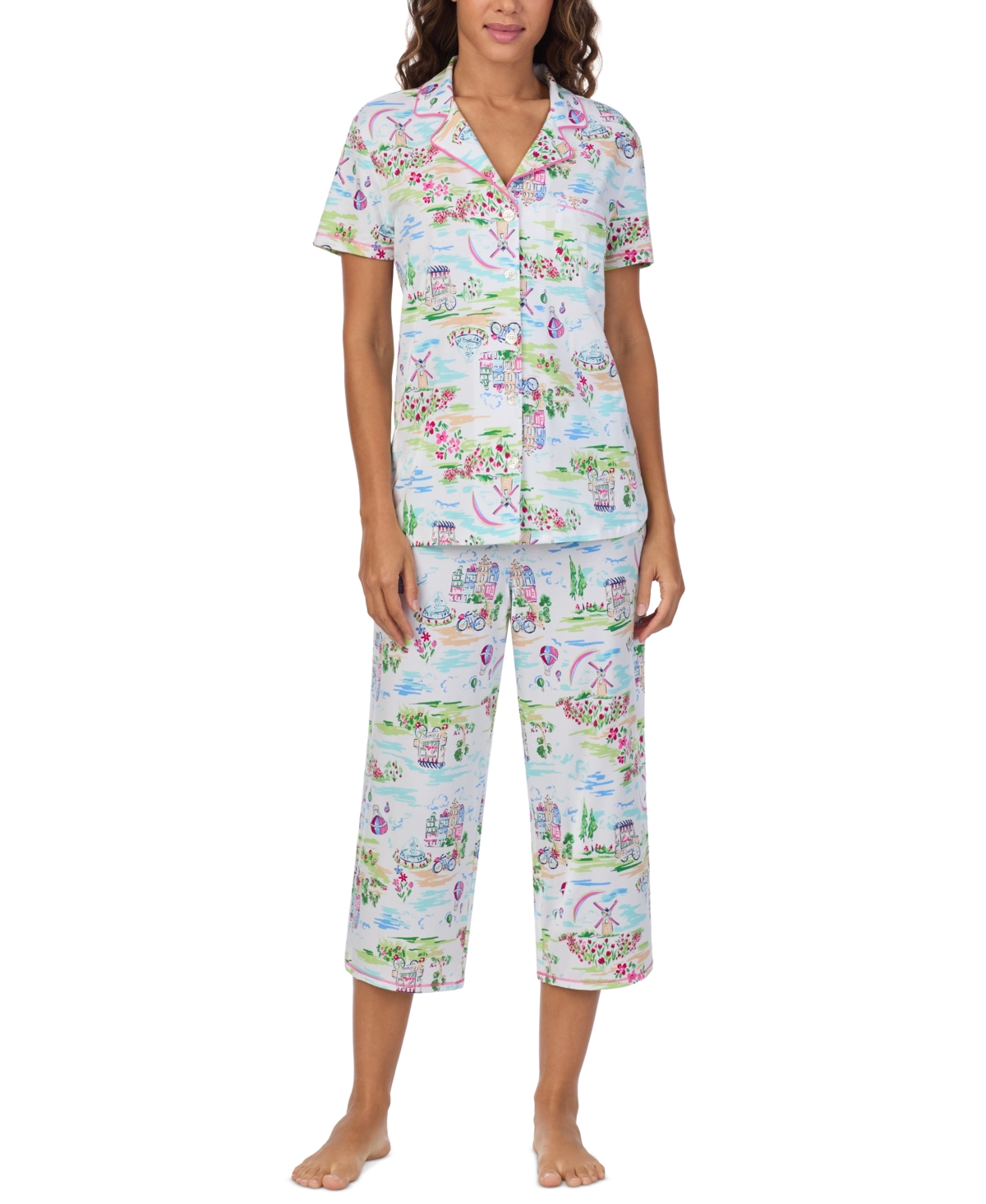 Cuddl Duds Women's 2-pc. Notched-collar Cropped Pajamas Set In Novel Print
