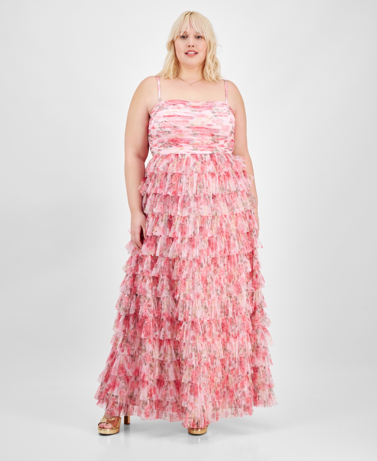Trendy Plus Size Floral Print Ruffle Tiered Gown, Created for Macy's - Pink