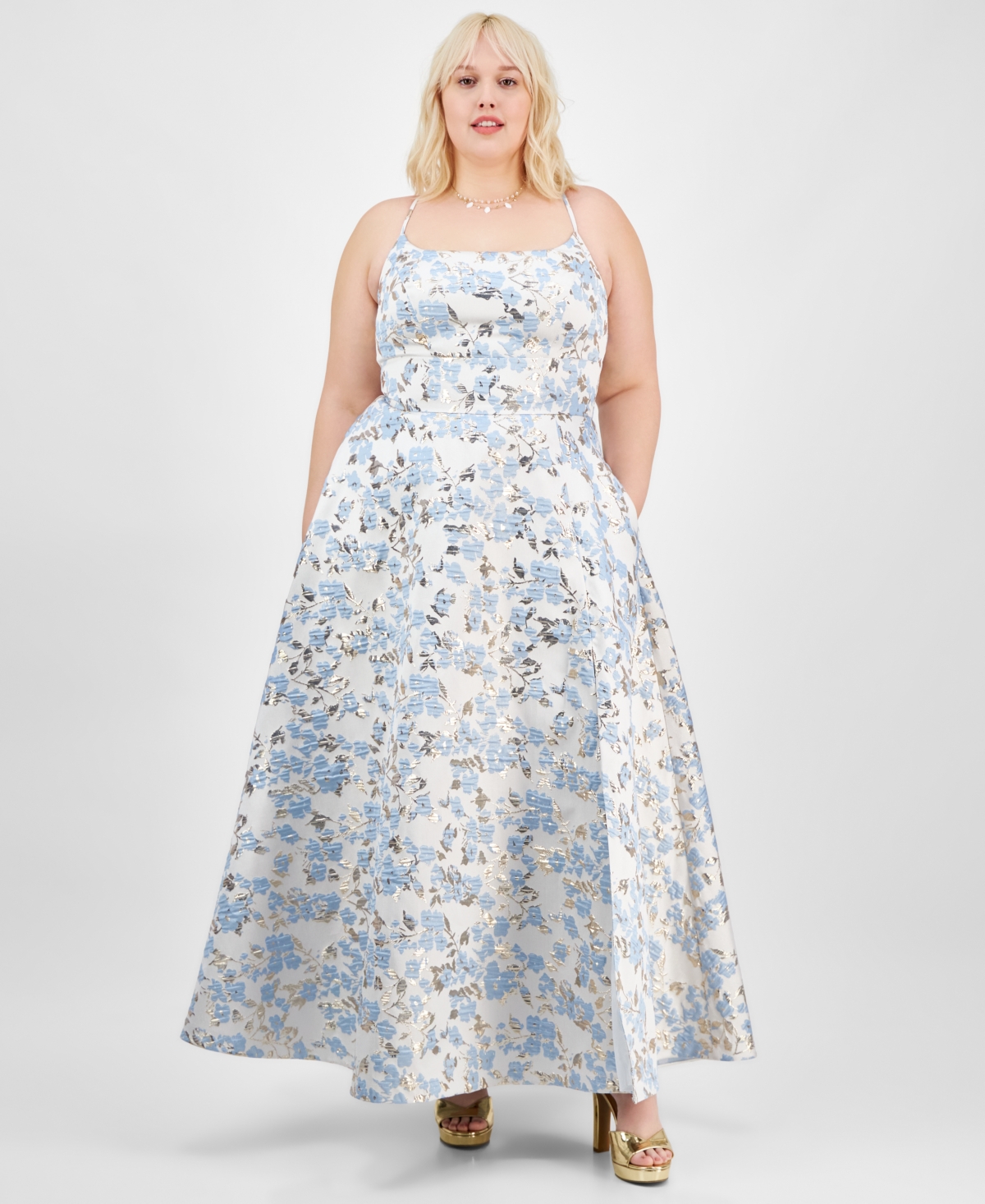 Trendy Plus Size Metallic-Jacquard Sleeveless Gown, Created for Macy's - Blue/White