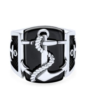 Big Natural Black Onyx Rope Anchor Signet Ring .925 Sterling Silver