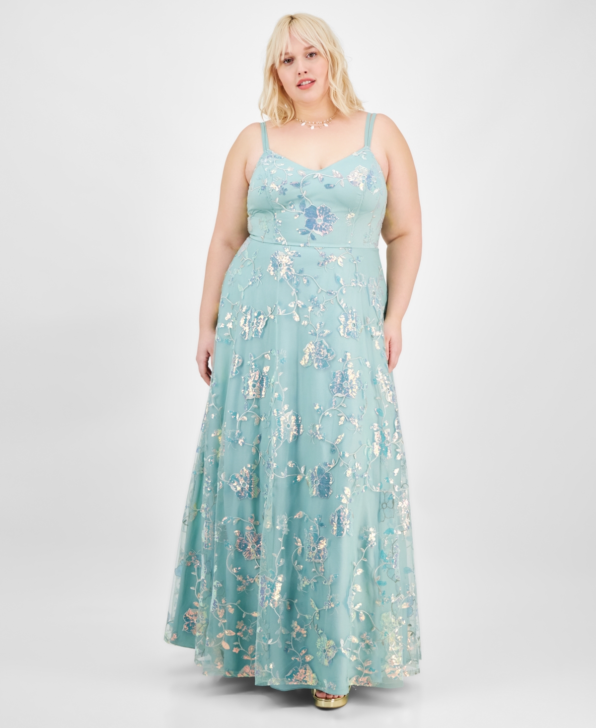 Say Yes Trendy Plus Size Sequined Embroidered Ball Gown, Created For Macy's In Med Green