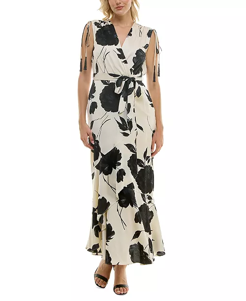 women's v-neck shoulder-tie belted tiered dress