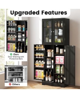 Tall Kitchen Pantry Cabinet with Dual Tempered Glass Doors and Shelves