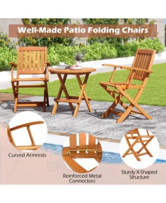 Patio Wood Folding Chair Set of 2 with Armrests and Slatted Seat