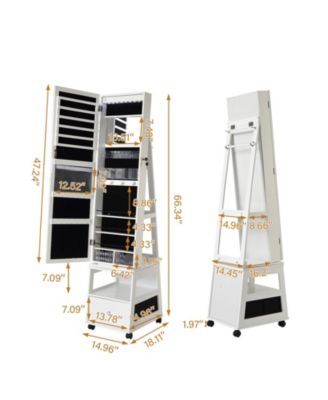 360° Swivel Jewelry Armoire with Full Length Mirror, LED Vanity Mirror with Jewelry Storage Drawer, Shelf, Wheels, Freestanding Lockable Jewelry Organizer for Bedroom