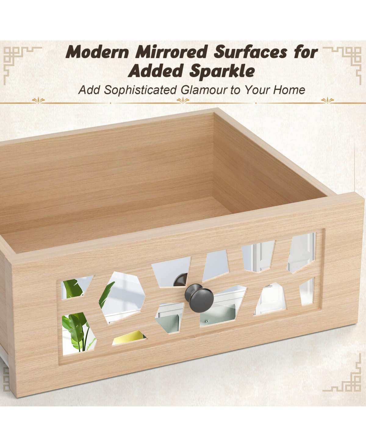 Gouun Wood Retro End Table with Mirrored Glass Drawer and Open Storage Shelf