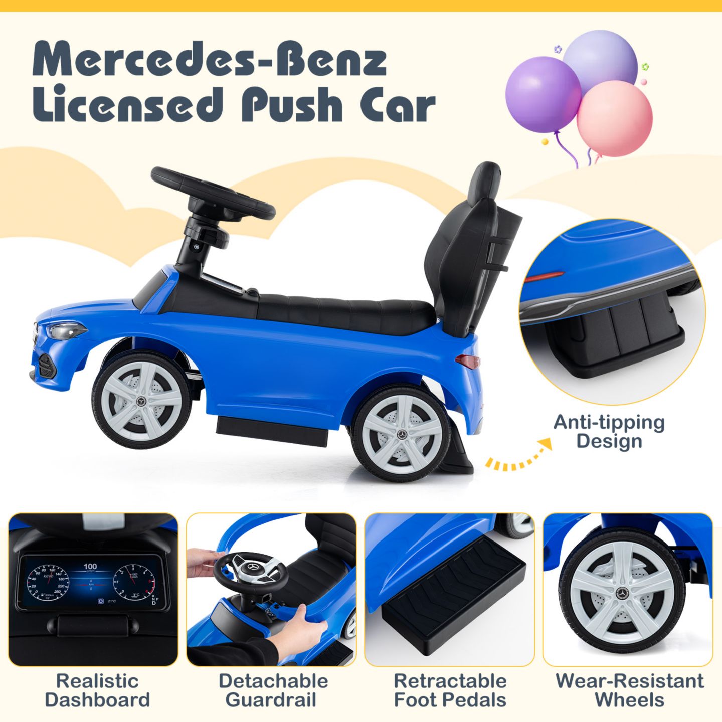 Детская игрушка Costway 3 in 1 Mercedes Benz Ride-On Push Car, Ages 18-36 Months, цвет: Синий — фото 9