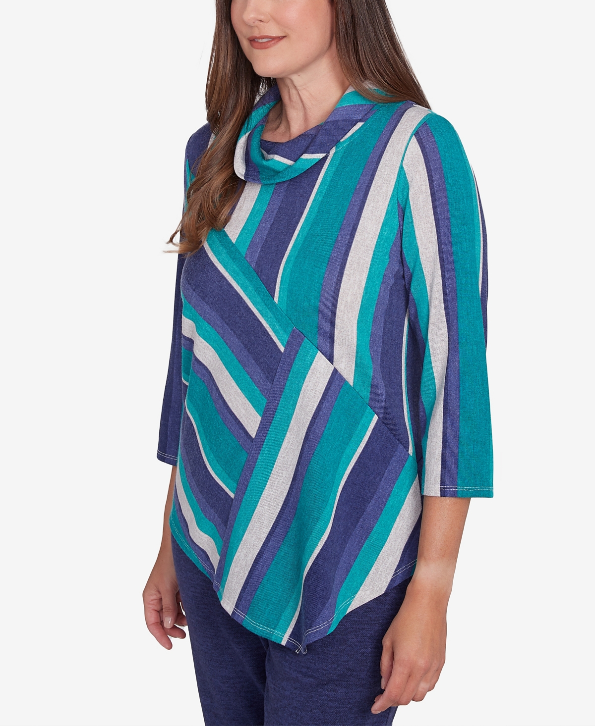 Alfred Dunner Petite French Quarter Spliced Stripe Cowl Neck Top In Multi Green