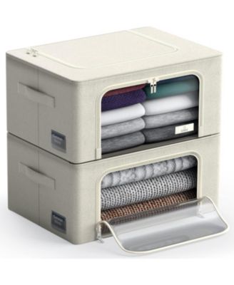 2 Pack Small Foldable Storage Box - Metal Frame, Oxford Fabric, Large Window & Handles - Organization for Bedroom, Linens & Clothes (Beige)