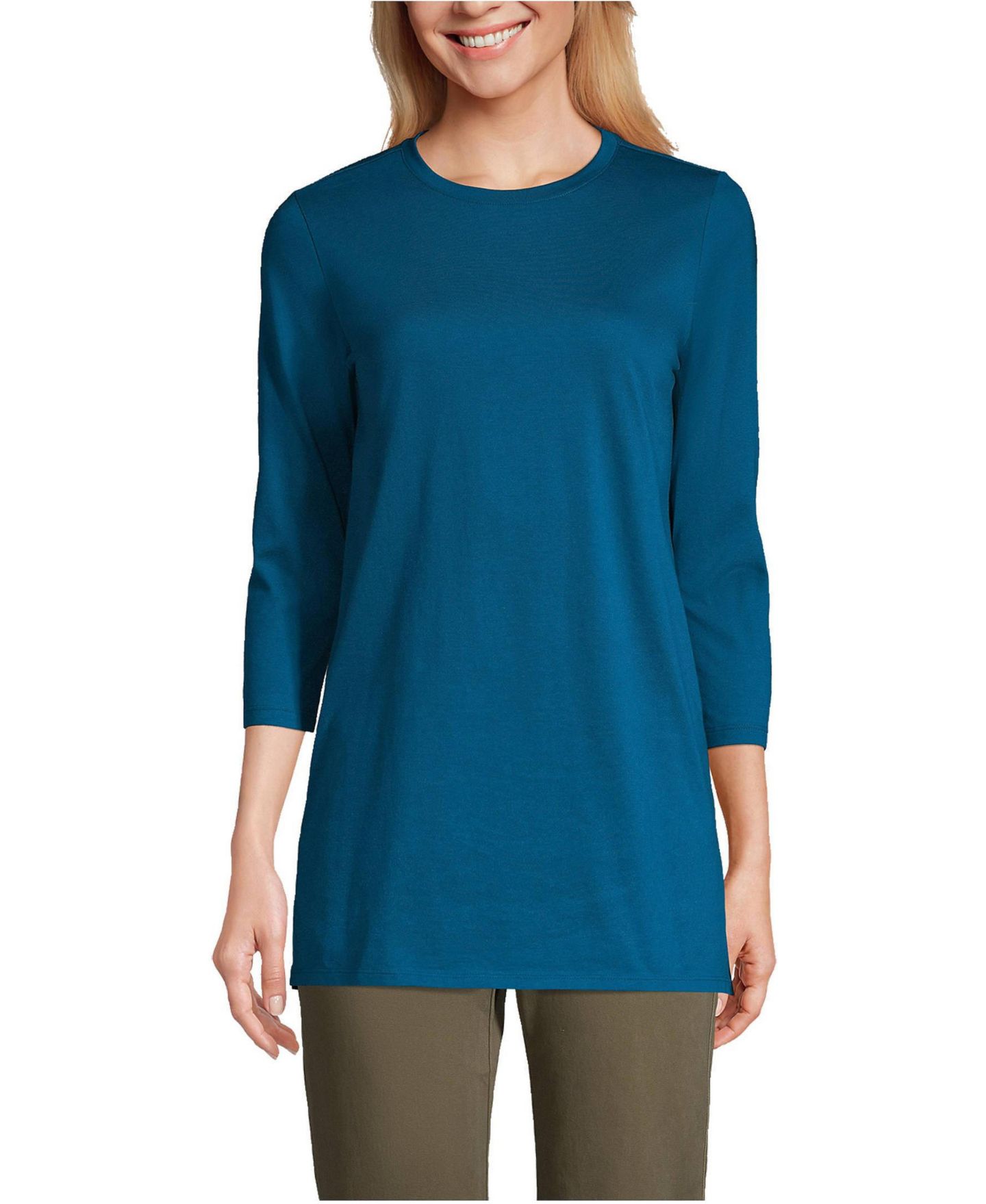 Женский топ Lands' End 3/4 Sleeve Cotton Supima Tunic, цвет: Бирюзовый — фото 1