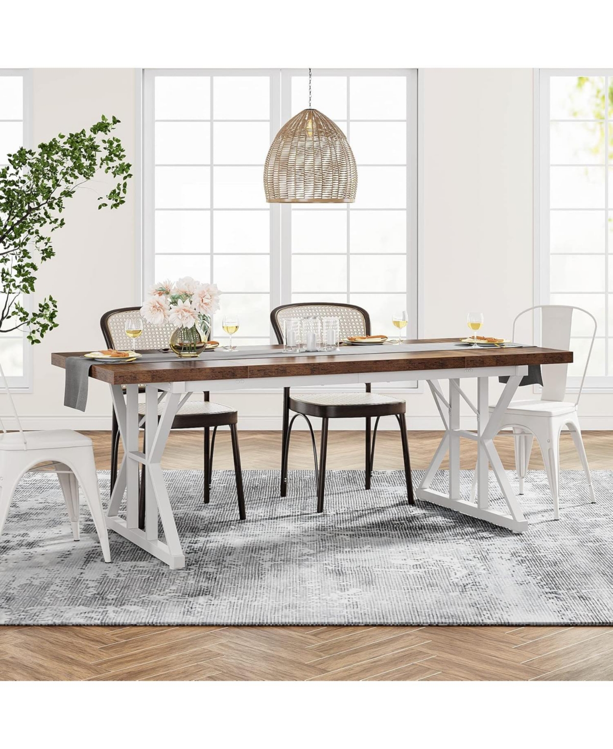 Tribesigns Farmhouse Dining Table for 6, 70.8'' Rectangular Wood Dining Table, Rustic Kitchen Table with Heavy Duty Metal Legs, for Dining Room, Black