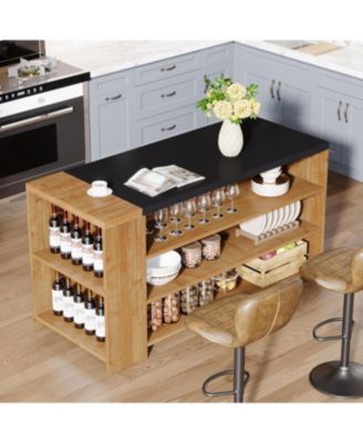 55" Kitchen Island with Storage, Farmhouse 5-Tier Stationary Island Table with 5 Shelves, Wood Coffee Bar Table Storage Cabinet with Large Countertop for Kitchen