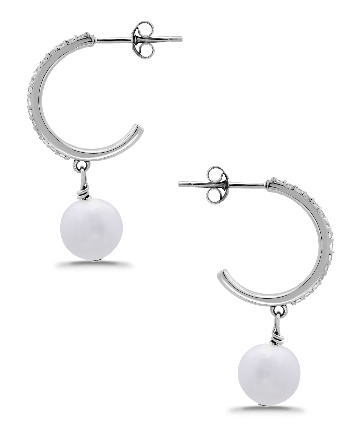 Macy's Freshwater Cultured Pearl Drop Cubic Zirconia Hoop Post Earrings In Silver