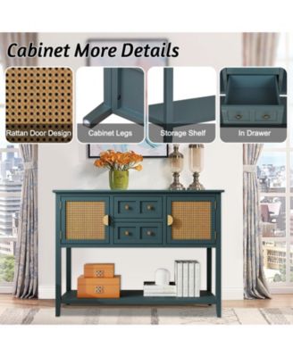 Console Table with Rattan 2 Drawers, Accent Sofa Table Entryway Table with Cabinet Storage, Narrow Wood Sofa Table, 2 Tier Long Behind Couch Table for Living Room