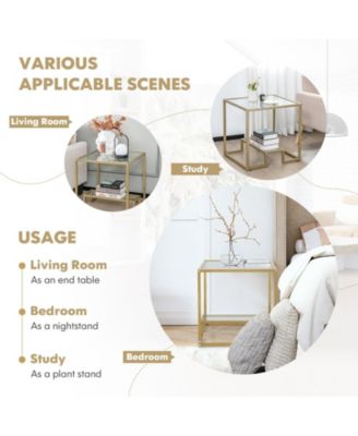 22 Inch 2-Tier Square Sofa Side Table with Tempered Glass Tabletop