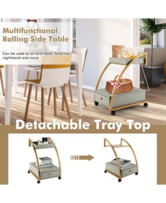 Modern 2-Tier Rolling End Table with Tray Top and Pull-Out Drawer