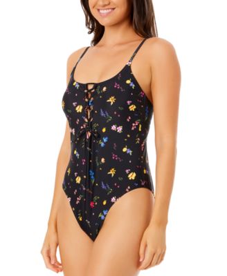 Juniors' Printed Lace-Up Scoop-Neck One-Piece Swimsuit, Exclusively at Macy's