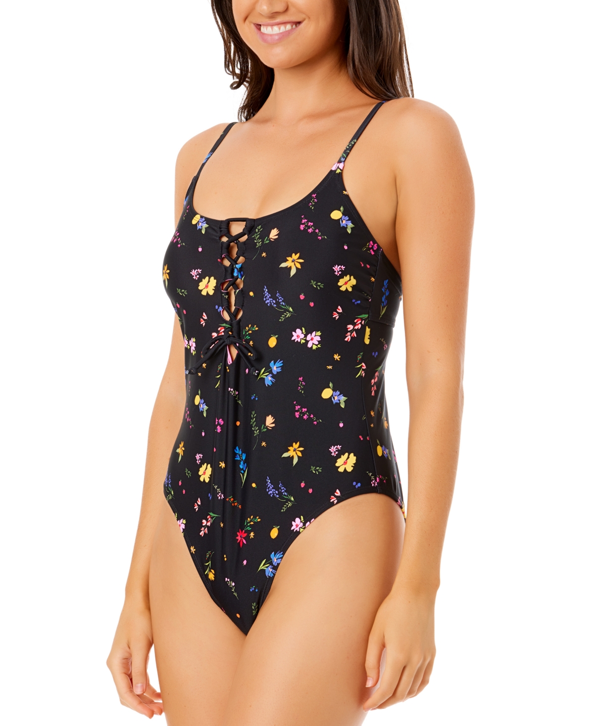 Salt + Cove Juniors' Printed Lace-up Scoop-neck One-piece Swimsuit, Exclusively At Macy's In Floral Bouquet
