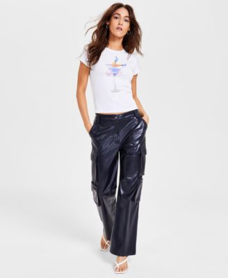 Womens Martini Boots Logo Short Sleeve T Shirt Kori High Rise Faux Leather Cargo Pants