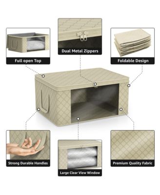 6 Pack Medium Foldable Clothes Storage Bags with Clear Window, Zipper Lid and Carry Handles - for Organizing Bedroom, Closet, Home (Beige)