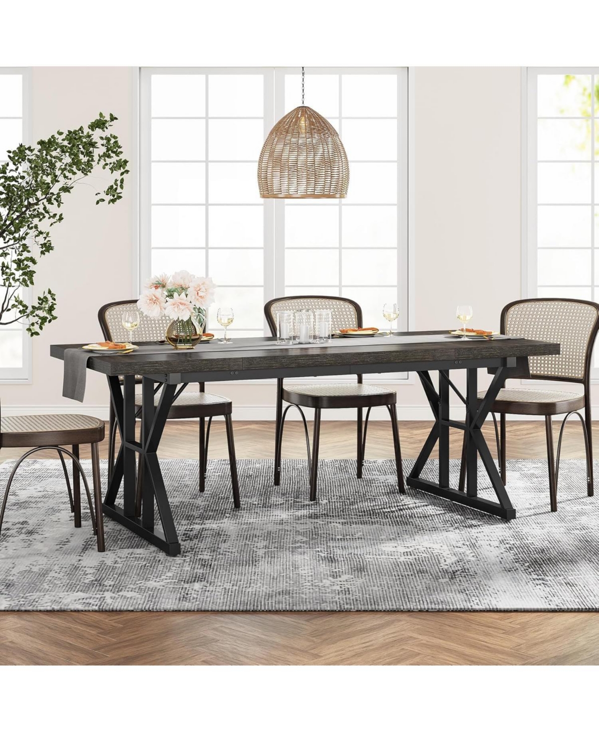 Tribesigns Farmhouse Dining Table for 6 People, 70.8-Inch Rectangular Wood Dining Table, Rustic Kitchen Table with Heavy Duty Metal Legs for Dining Ro