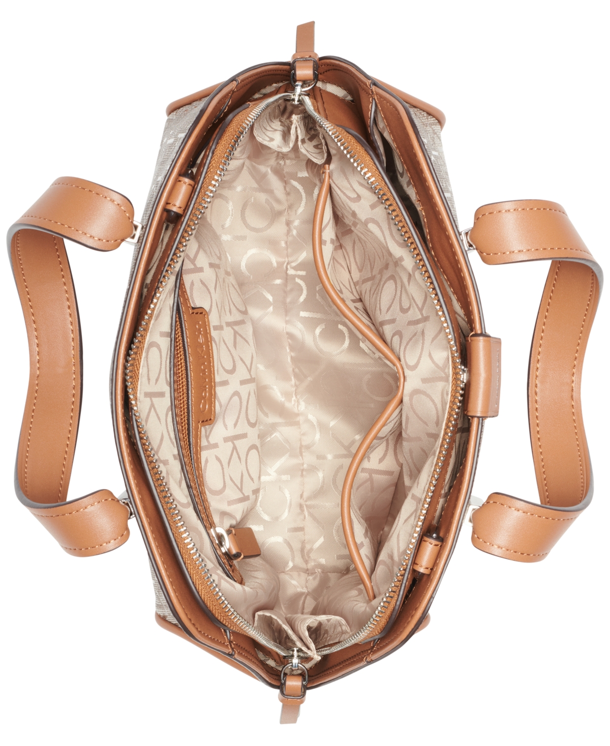 Calvin Klein Audrey Signature Convertible Satchel In Almond Taupe,caramel
