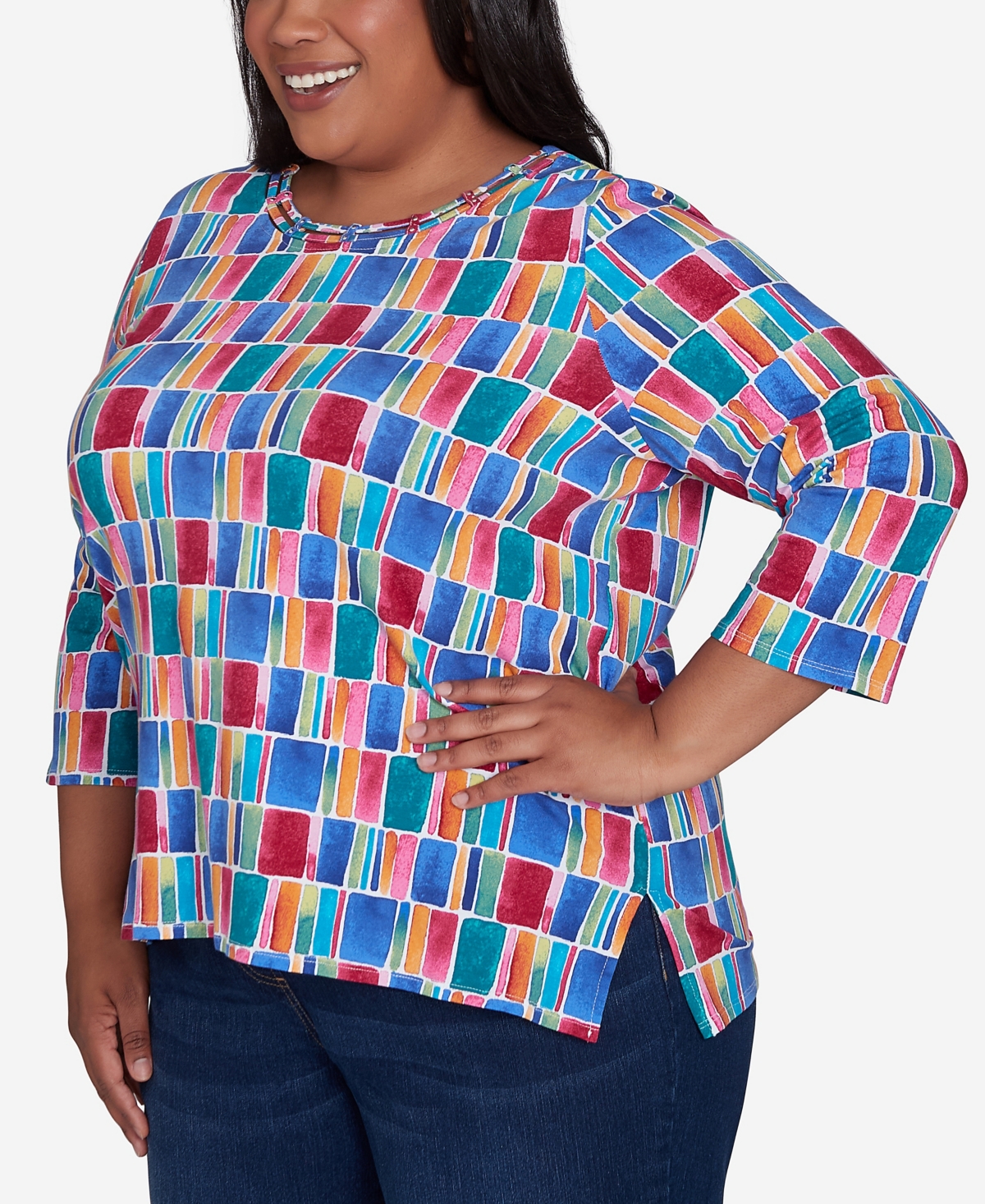 Alfred Dunner Plus Size Box Print Short Sleeve Top