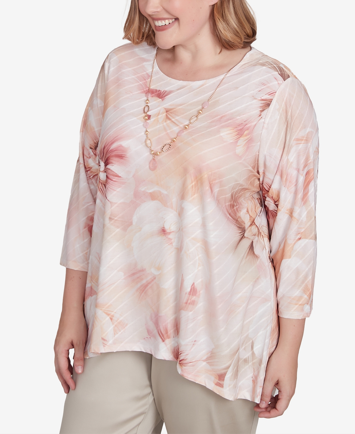 Alfred Dunner Plus Size Coming Up Roses Textured Watercolor Flower Top With Necklace In Pink Multi